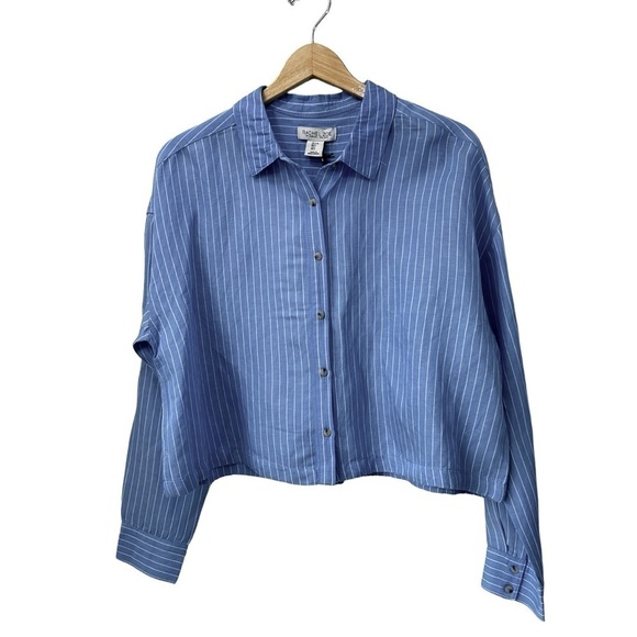 Rachel Zoe Blue White Pinstripe Linen Long Sleeve Boxy Blouse, Large - Picture 1 of 8